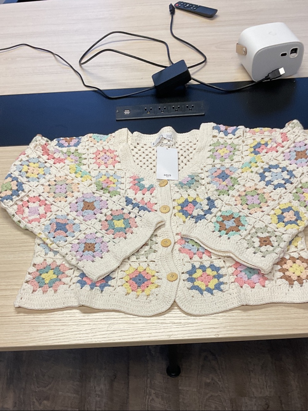 Hand-Crocheted Cream Granny Square Cardigan with Pastel Accents